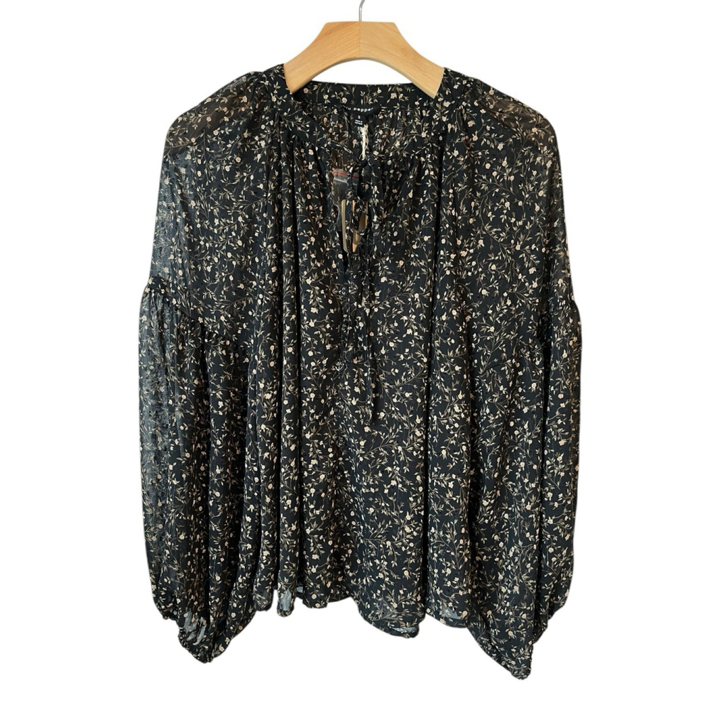 Blu Pepper Blouse Large Black Ruffled Tie Neck Puff Sleeve